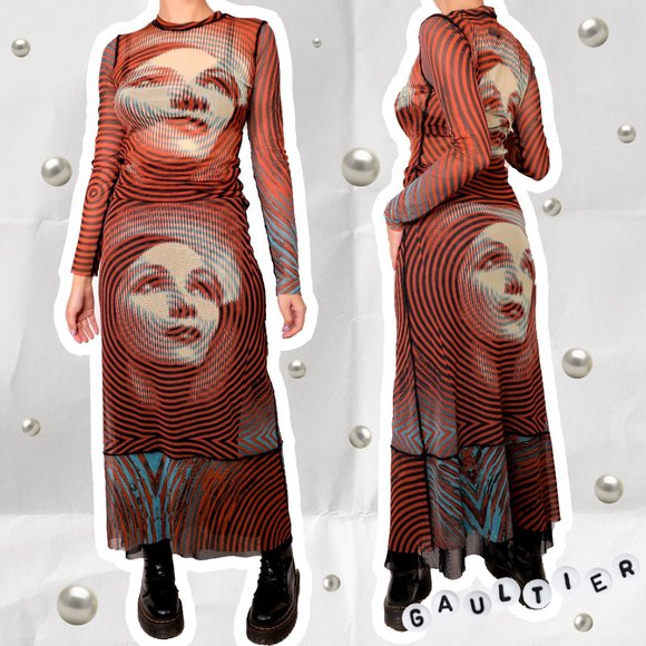 JEAN PAUL GAULTIER MARLENE DIETRICH SPIRAL TATTOO PRINT MESH MAXI SKIRT - Picture 4 of 5